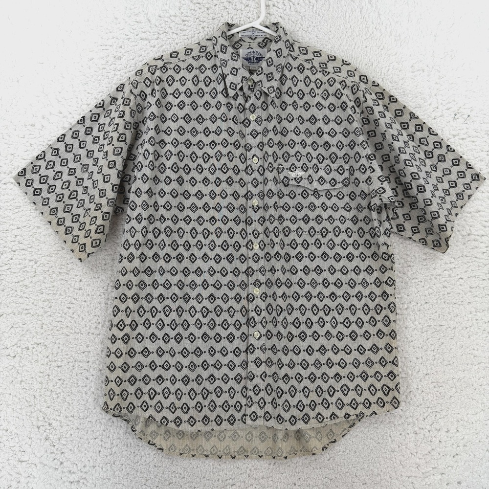 Vintage Dockers Shirt Mens Medium Gray Geometric Short Sleeve Button Up Casual